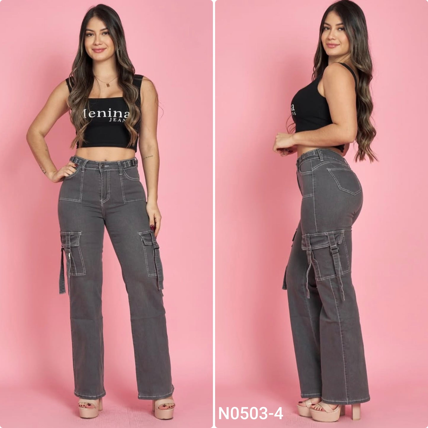 N0503-4 (U2) | Jeans Cargo Gris | Menina | Venta Por Mayor