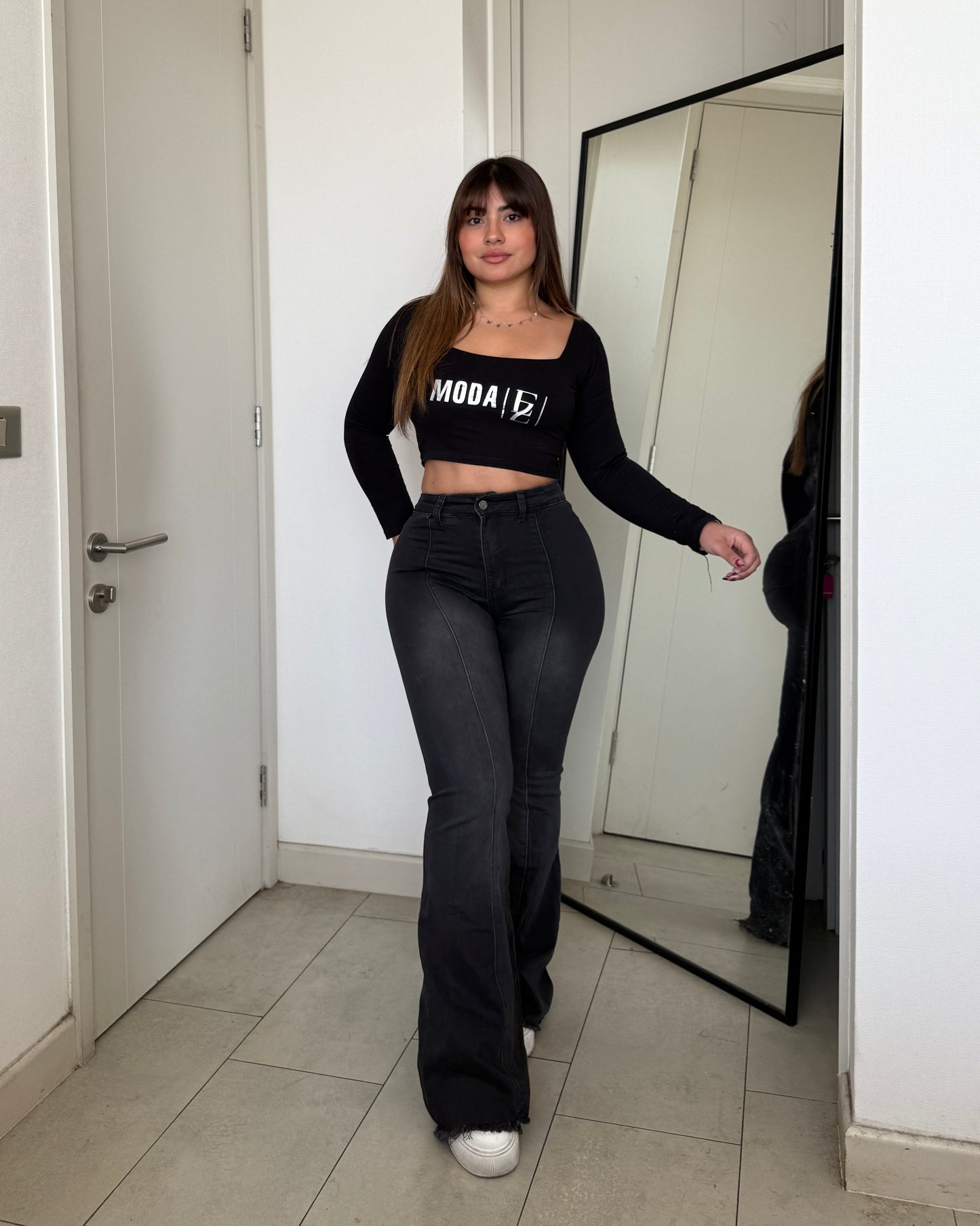 MB035-1 (I4) | Jeans Flare Lineal Grafito Focalizado | Menina | Venta Por Mayor
