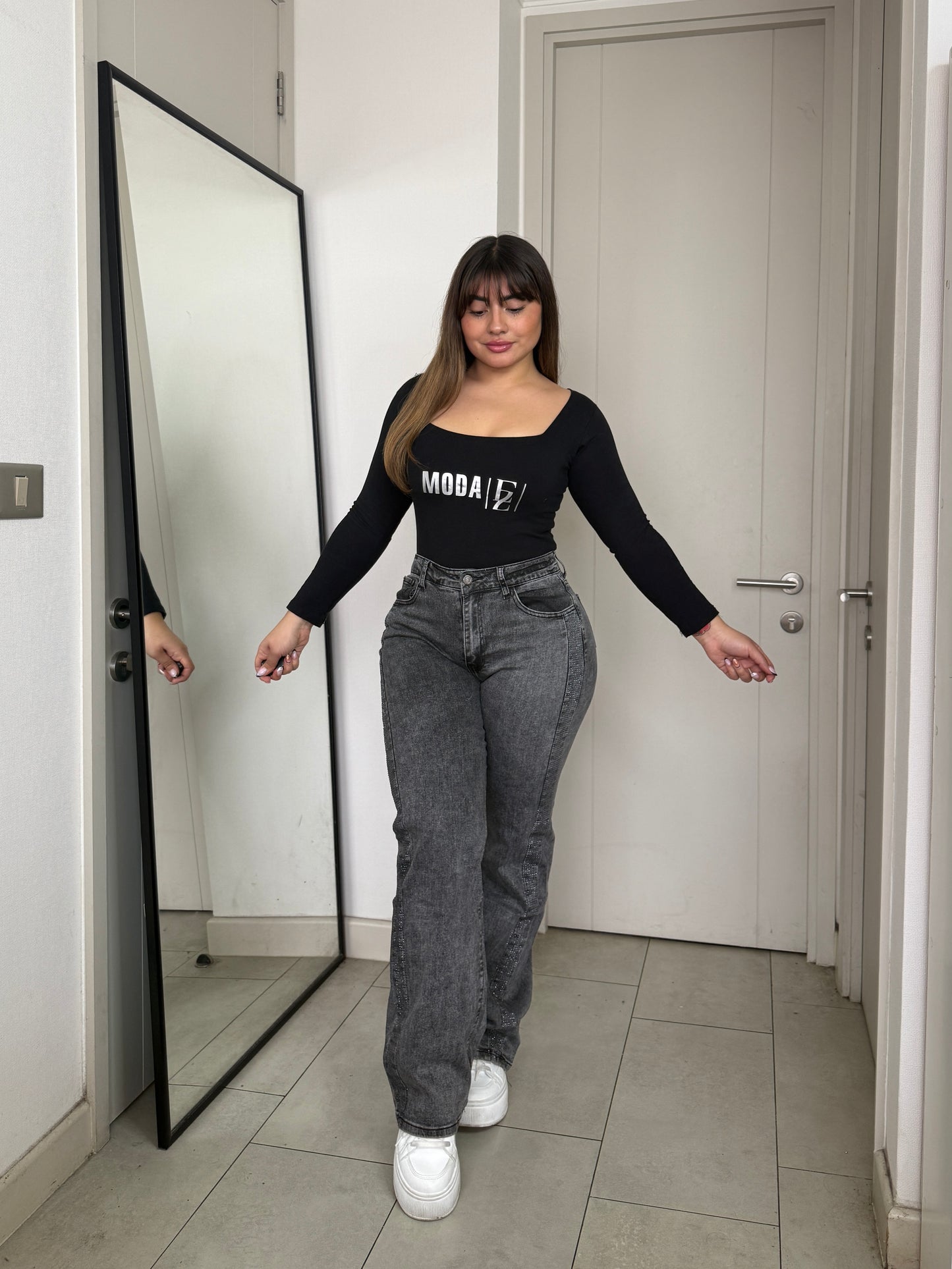 MB037-1 (C6) | Jeans Wide Leg Brillo Gris | Menina | Venta Por Mayor