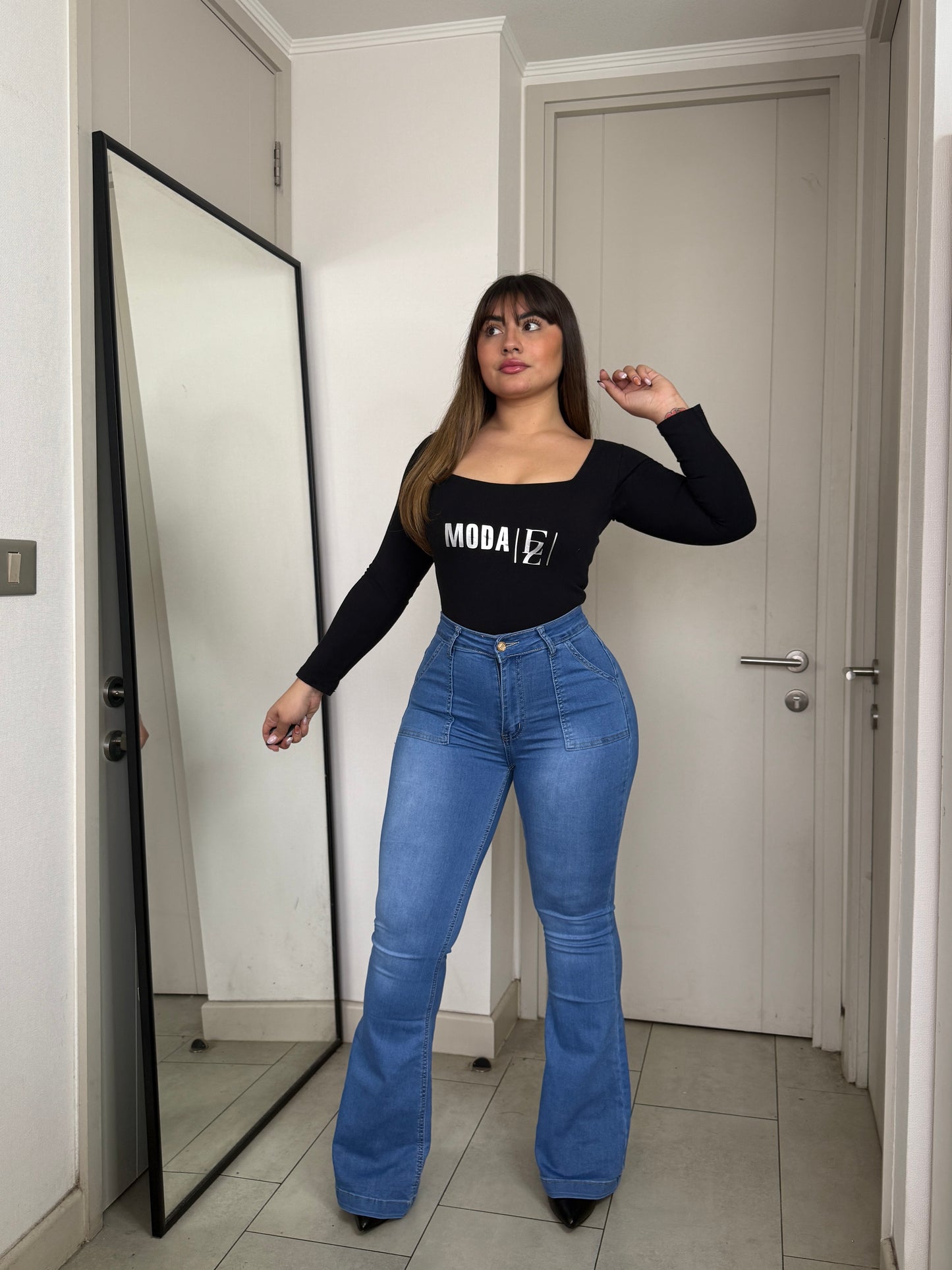 MB041 (S3) | Jeans Flare Azul Focalizado Tapa | Menina | Venta Por Mayor