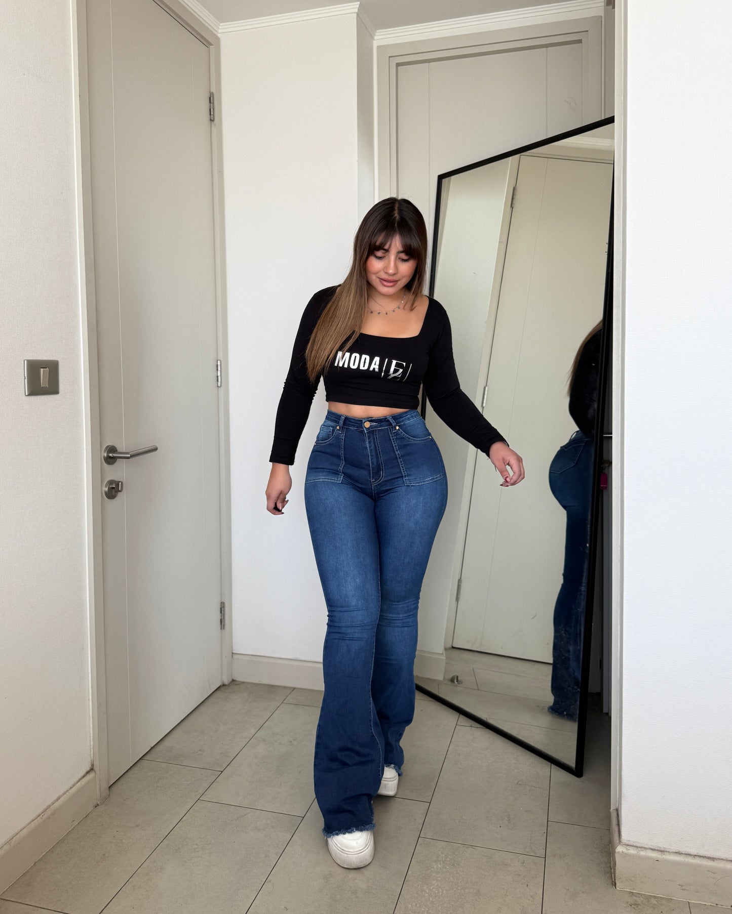MB441-1 (J4) | Jeans Flare Azul Oscuro Focalizado | Menina | Venta Por Mayor