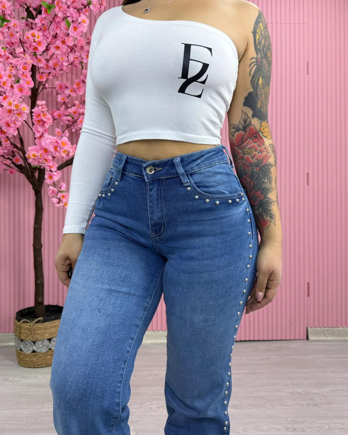 MC1077 (H1) | Wide Leg Tachas Azul Focalizado | Venta Por Mayor