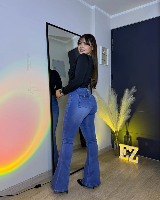 MC5008 (I5) | Flare Con Faja Bolsillo Con Tapa Celeste Focalizado | Menina | Venta por Mayor