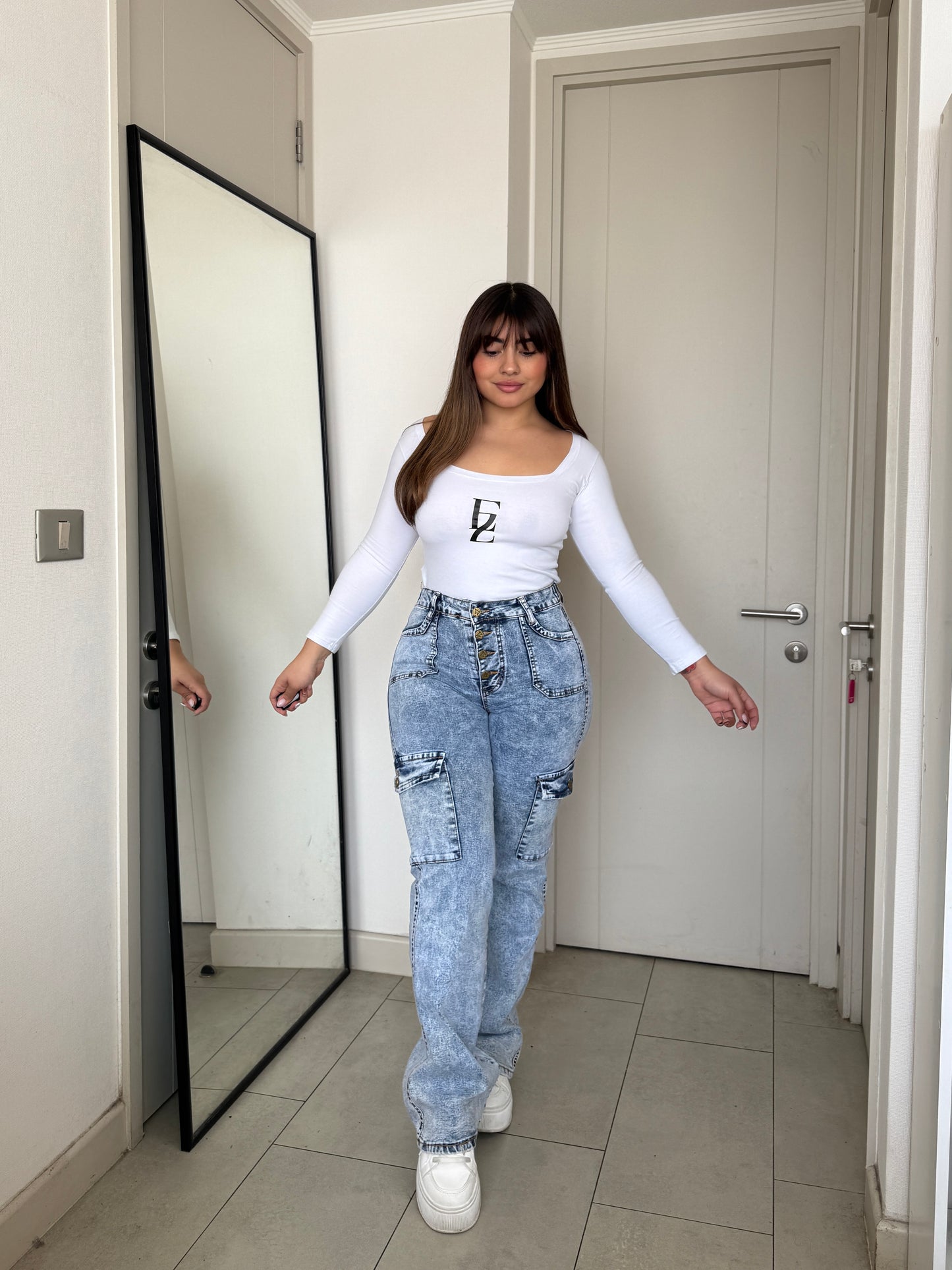 N0506-2 (U2) | Jeans Cargo Celeste Jaspeado 5 Botones | Menina | Venta Por Mayor