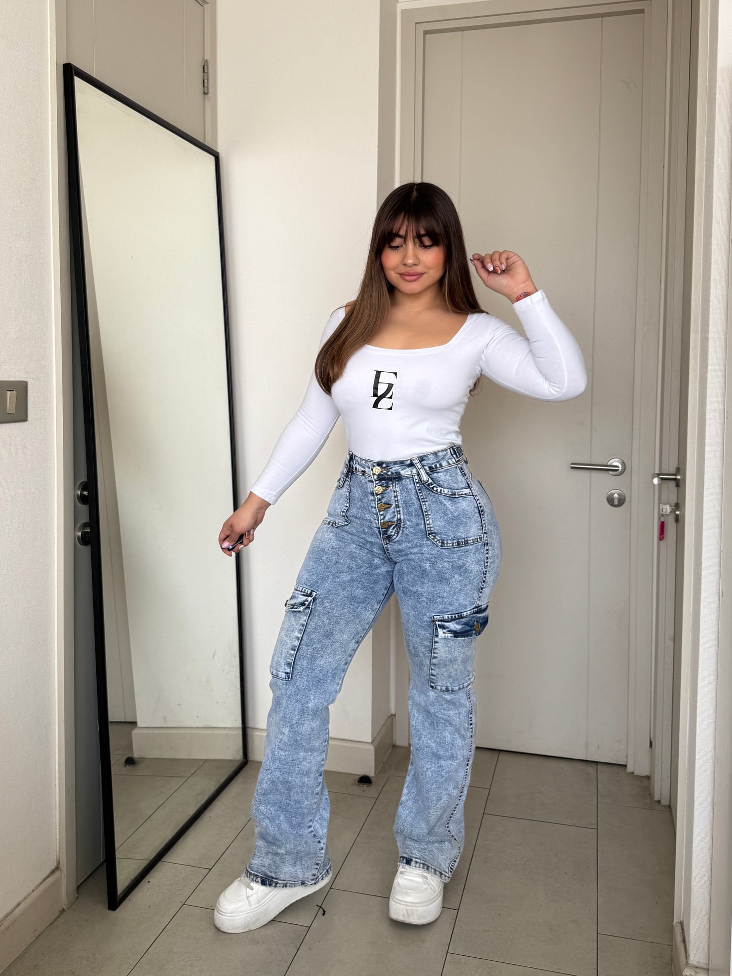 N0506-2 (U2) | Jeans Cargo Celeste Jaspeado 5 Botones | Menina | Venta Por Mayor