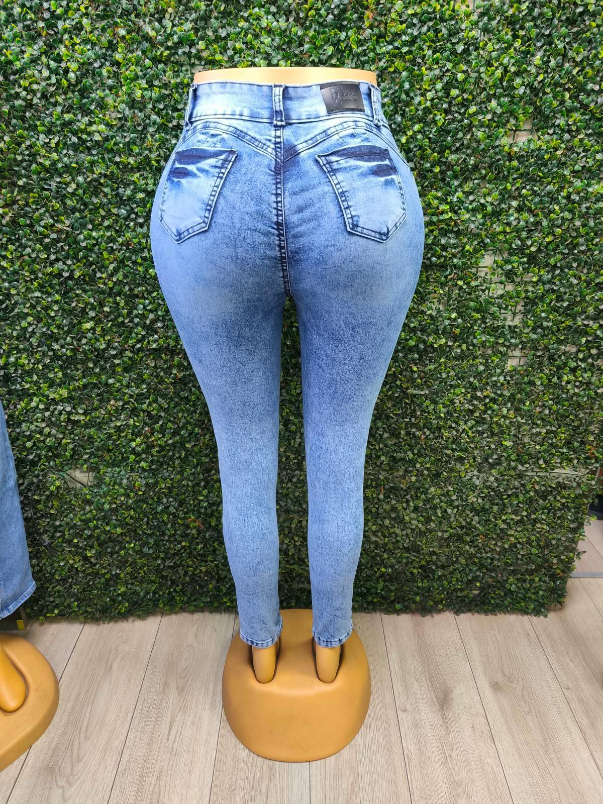 EZ2543 Skinny Nacional Celeste Jaspeado 5 Botones Ultra Push Up por mayor, vista trasera