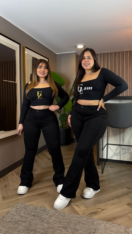 EZ5534 (J5) | Jeans Flare Negro Tapa | EZ | Venta Por Mayor