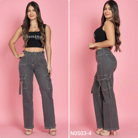 N0503-4 (U2) | Jeans Cargo Gris | Menina  | Venta Por Mayor