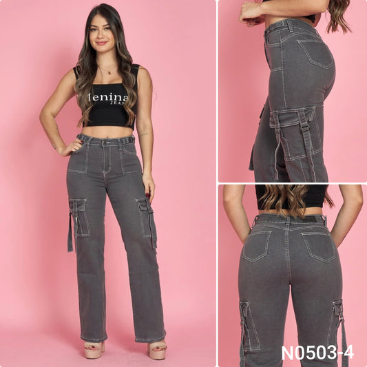 N0503-4 (U2) | Jeans Cargo Gris | Menina  | Venta Por Mayor
