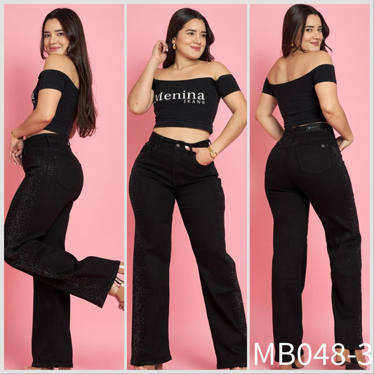 MB048-3 (P4) | Jeans Wide Leg Brillos Negro | Menina | Venta Por Mayor
