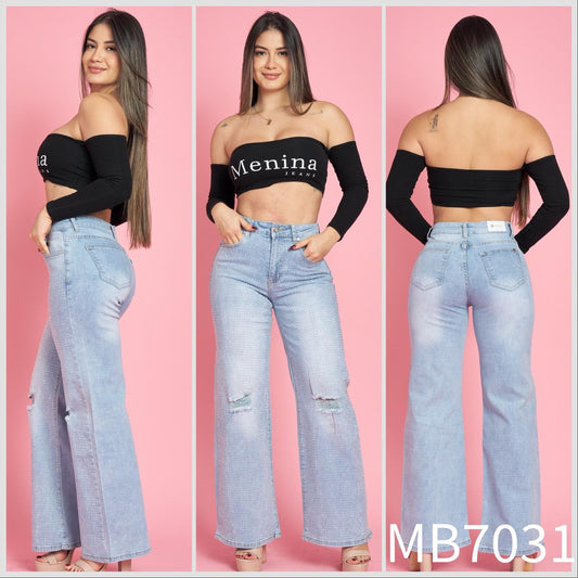 MB7031 (I3) | Jeans Recto Brillos Celeste Focalizado | Menina | Venta Por Mayor