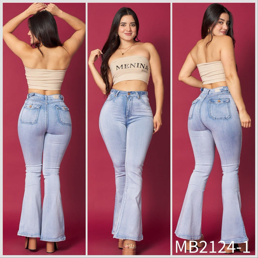 MB2124-1 (J5) | Flare Celeste Bolsillos Traseros Con Tapa | Menina | Venta Por Mayor