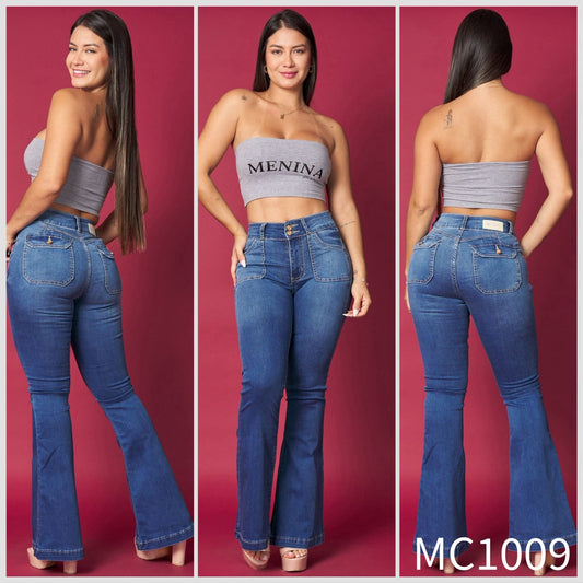 MC1009 (I4) | Flare Azul Tapa en Bolsillos Traseros | Menina | Venta Por Mayor