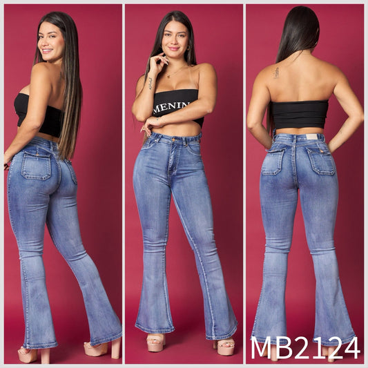 MB2124 (J6) | Flare Azul Focalizado Bolsillos Traseros Con Tapa | Menina | Venta Por Mayor