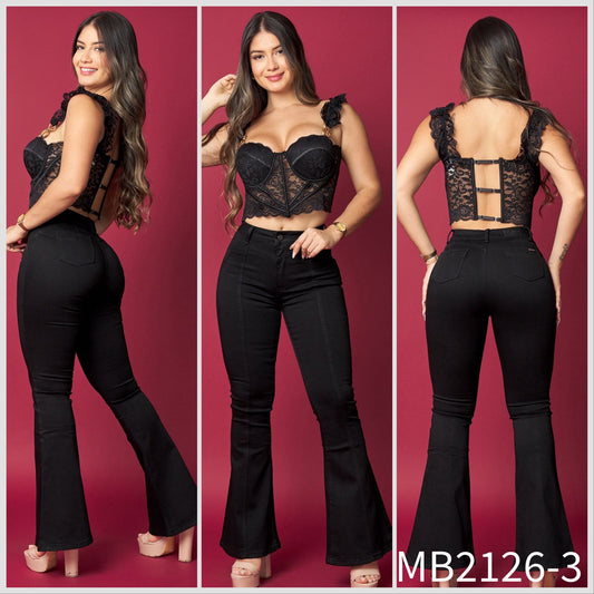 MB2126-3 (N1) | Flare Negro Bolsillos Lienal | Menina | Venta Por Mayor