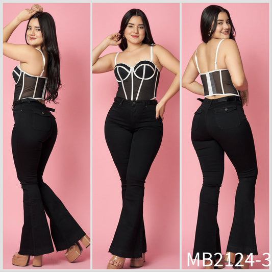 MB2124-3 (H3) | Flare Negro Bolsillos Traseros Con Tapa | Menina | Venta Por Mayor