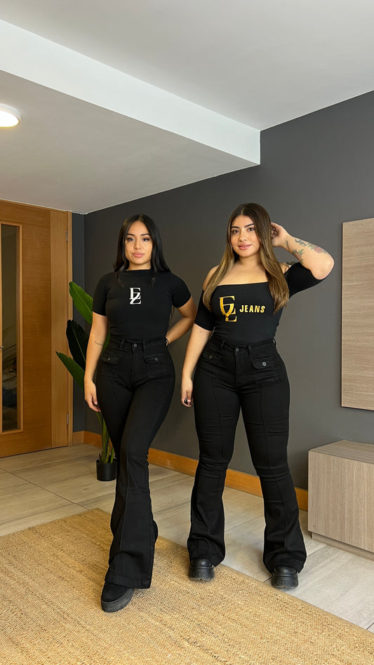 Jeans Flare Negro Lineal | Modelo MB010-1 | Menina | Venta Por Mayor