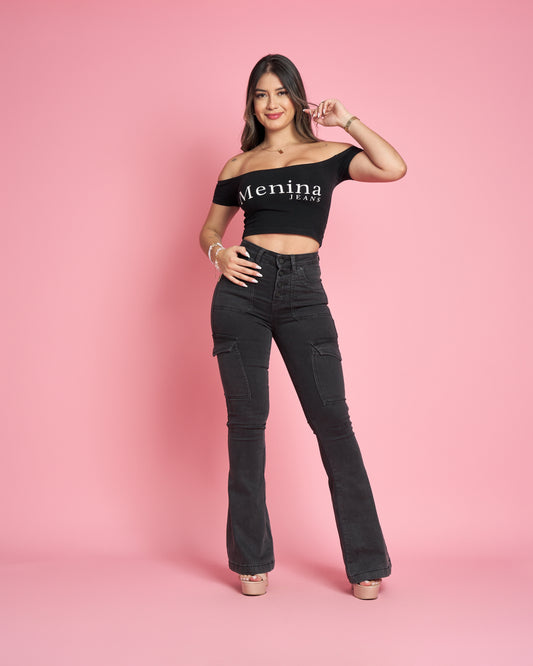 MB011-1 (B6) | Jeans Flare Cargo Grafito | Menina | Venta Por Mayor