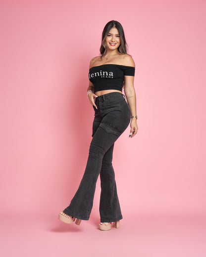 MB011-1 (B6) | Jeans Flare Cargo Grafito | Menina | Venta Por Mayor