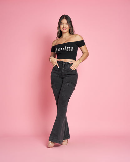 MB011-1 (B6) | Jeans Flare Cargo Grafito | Menina | Venta Por Mayor