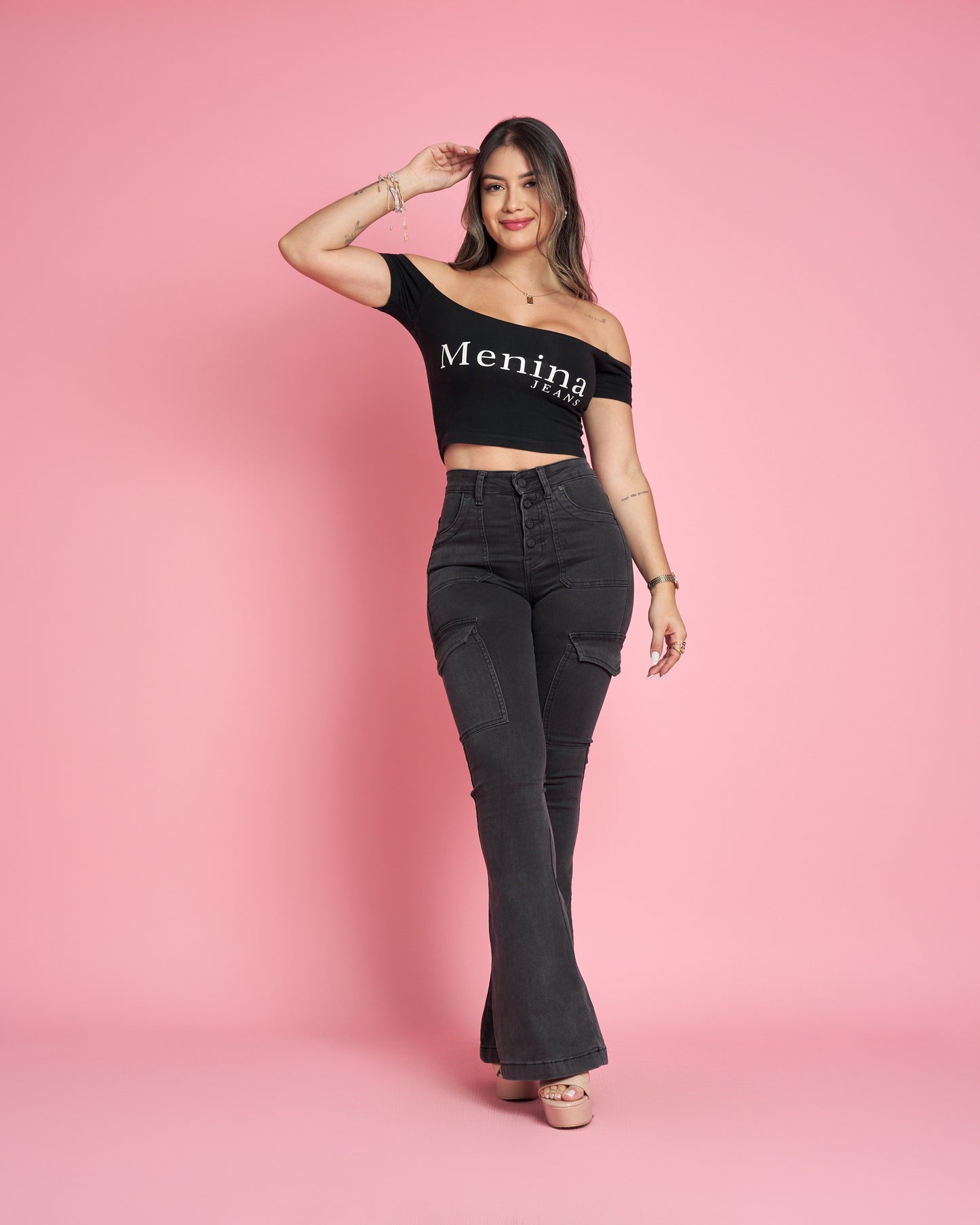 MB011-1 (B6) | Jeans Flare Cargo Grafito | Menina | Venta Por Mayor