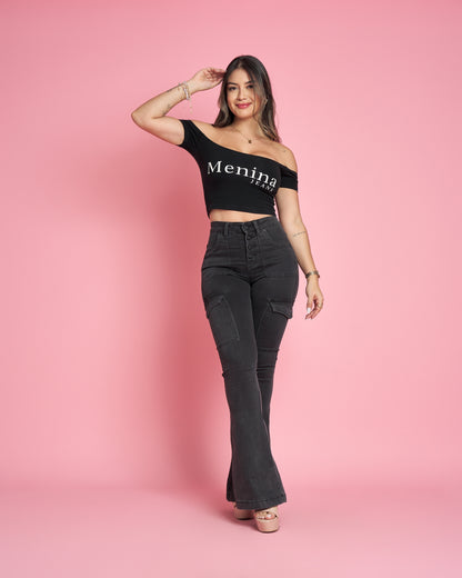 MB011-1 (B6) | Jeans Flare Cargo Grafito | Menina | Venta Por Mayor