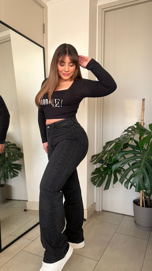 Jeans Wide Leg Negro Brillos | Modelo MB018-1 | Menina | Venta Por Mayor (I6)