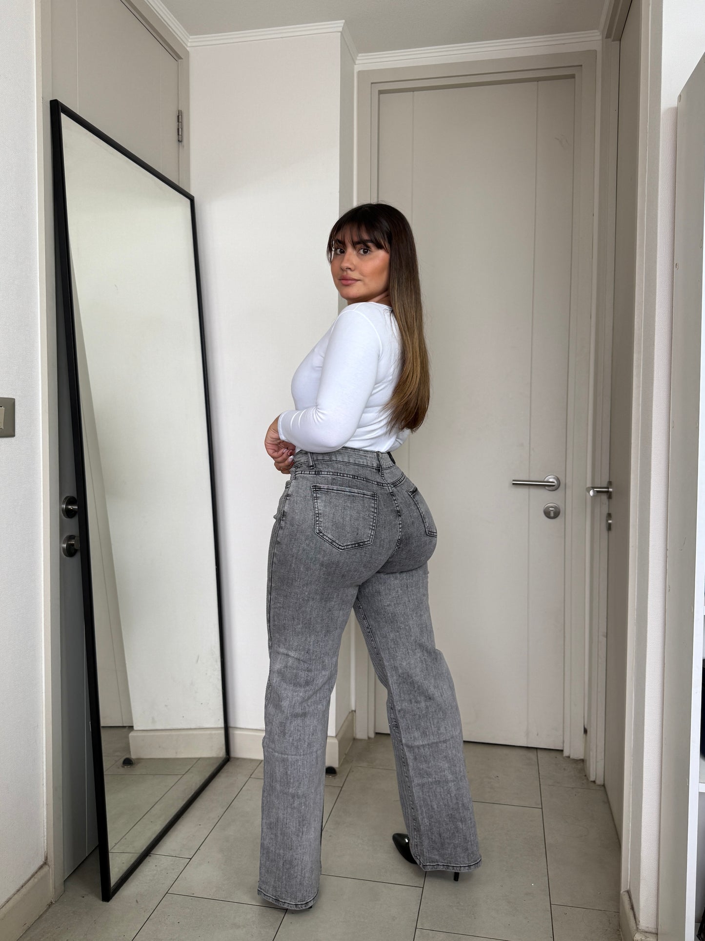 MB038 (L5) | Jeans Wide Leg Brillos Gris | Menina | Venta Por Mayor