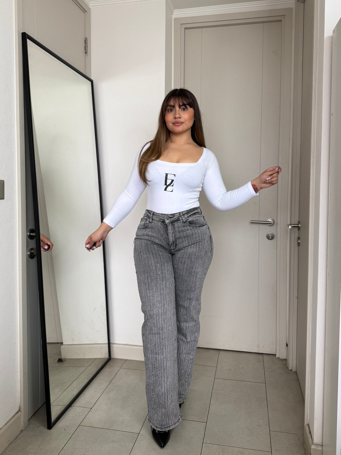 MB038 (L5) | Jeans Wide Leg Brillos Gris | Menina | Venta Por Mayor
