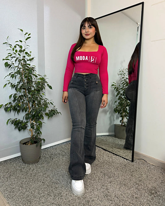 MB045-2 (C2) |Flare Lineal Gris Bolsillos Adelante 5 Botones | Menina | Venta Por Mayor