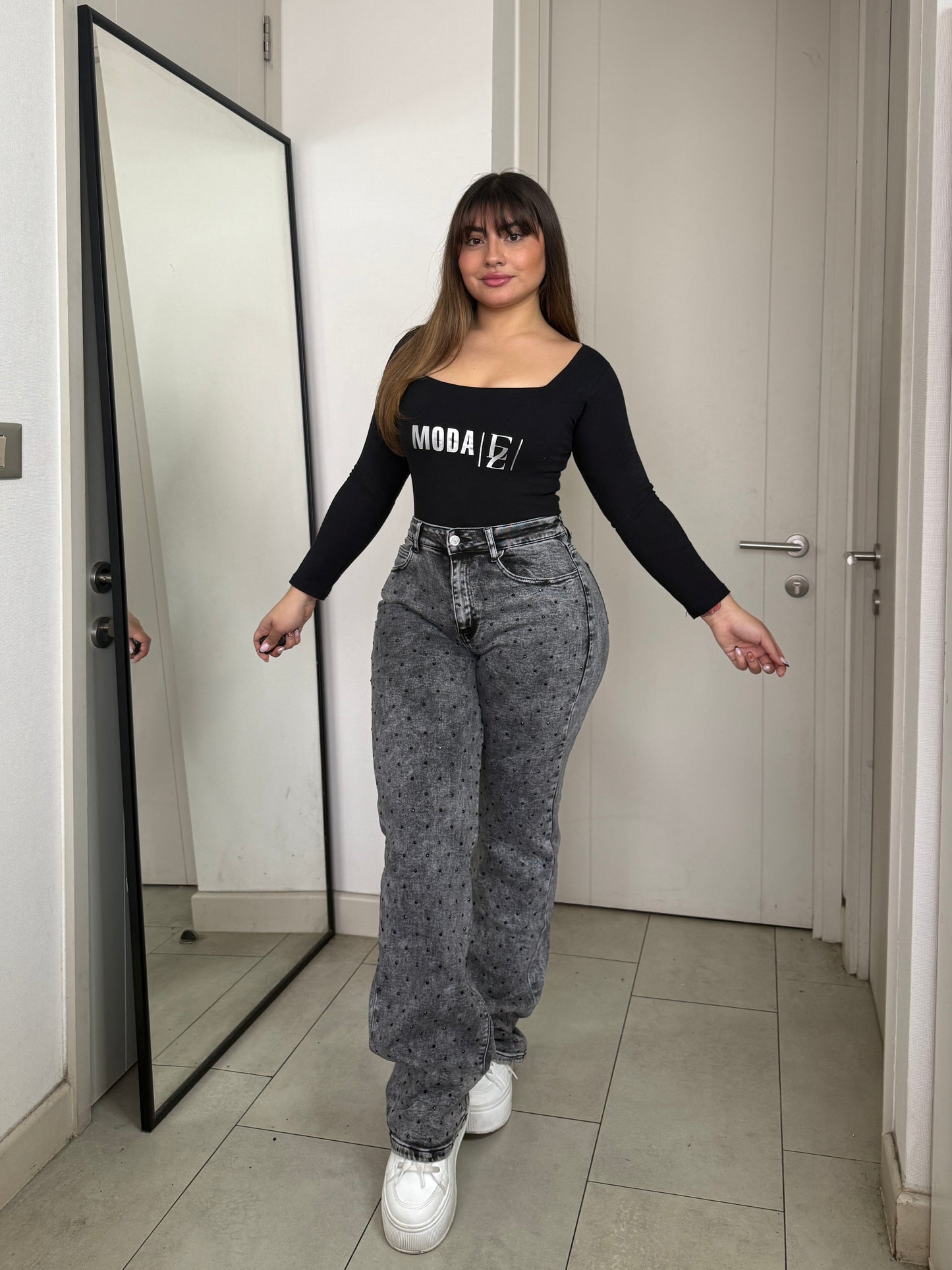 MB049-1 (G2) | Jeans Wide Leg Brillos Gris | Menina | Venta Por Mayor