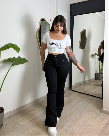 MB2067-2 (P7) | Flare Negro Lineal Bolsillos Cuadrados | Menina | Venta Por Mayor