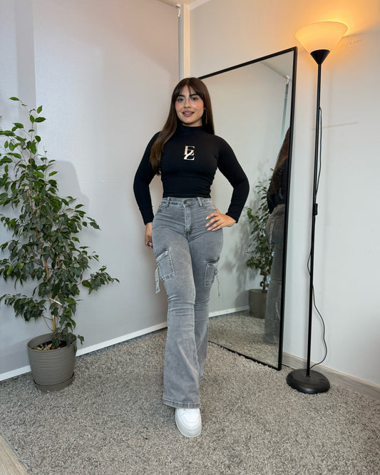 MB2078-2 (I6) | Flare Cargo Gris Bolsillo Trasero Tapa TIras | Menina | Venta Por Mayor