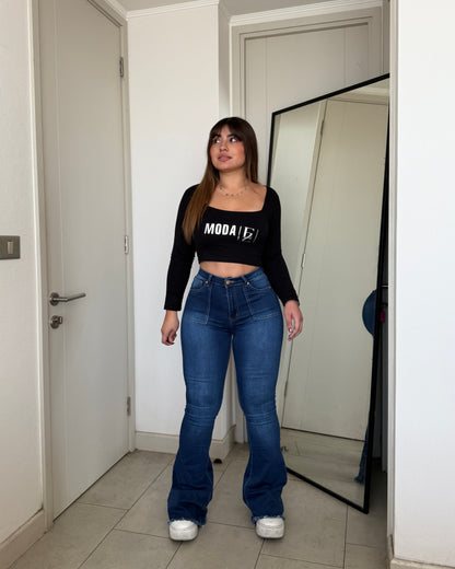 MB441-1 (J4) | Jeans Flare Azul Oscuro Focalizado | Menina | Venta Por Mayor