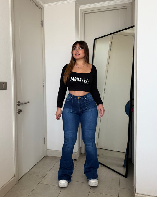 MB441-1 (J4) | Jeans Flare Azul Oscuro Focalizado | Menina | Venta Por Mayor