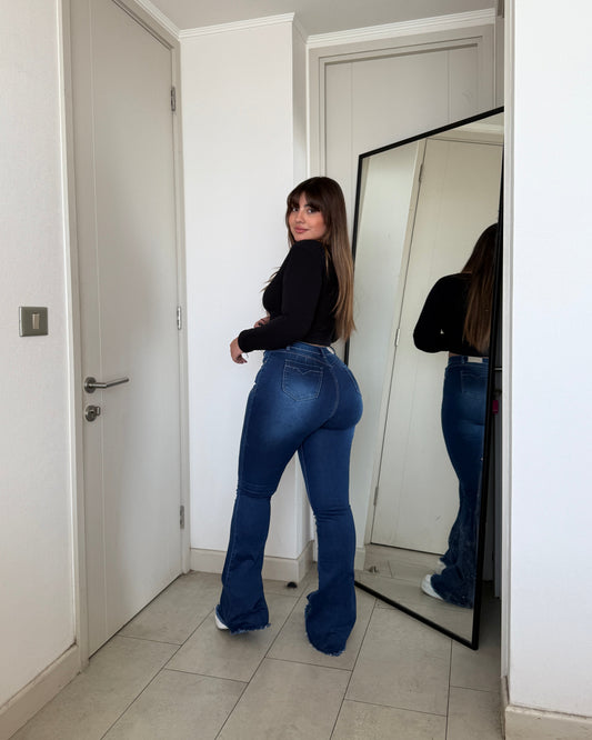 MB441-1 (J4) | Jeans Flare Azul Oscuro Focalizado | Menina | Venta Por Mayor