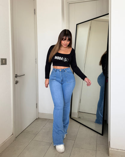 MB441 (B3) | Jeans Flare Azul Focalizado | Menina | Venta Por Mayor