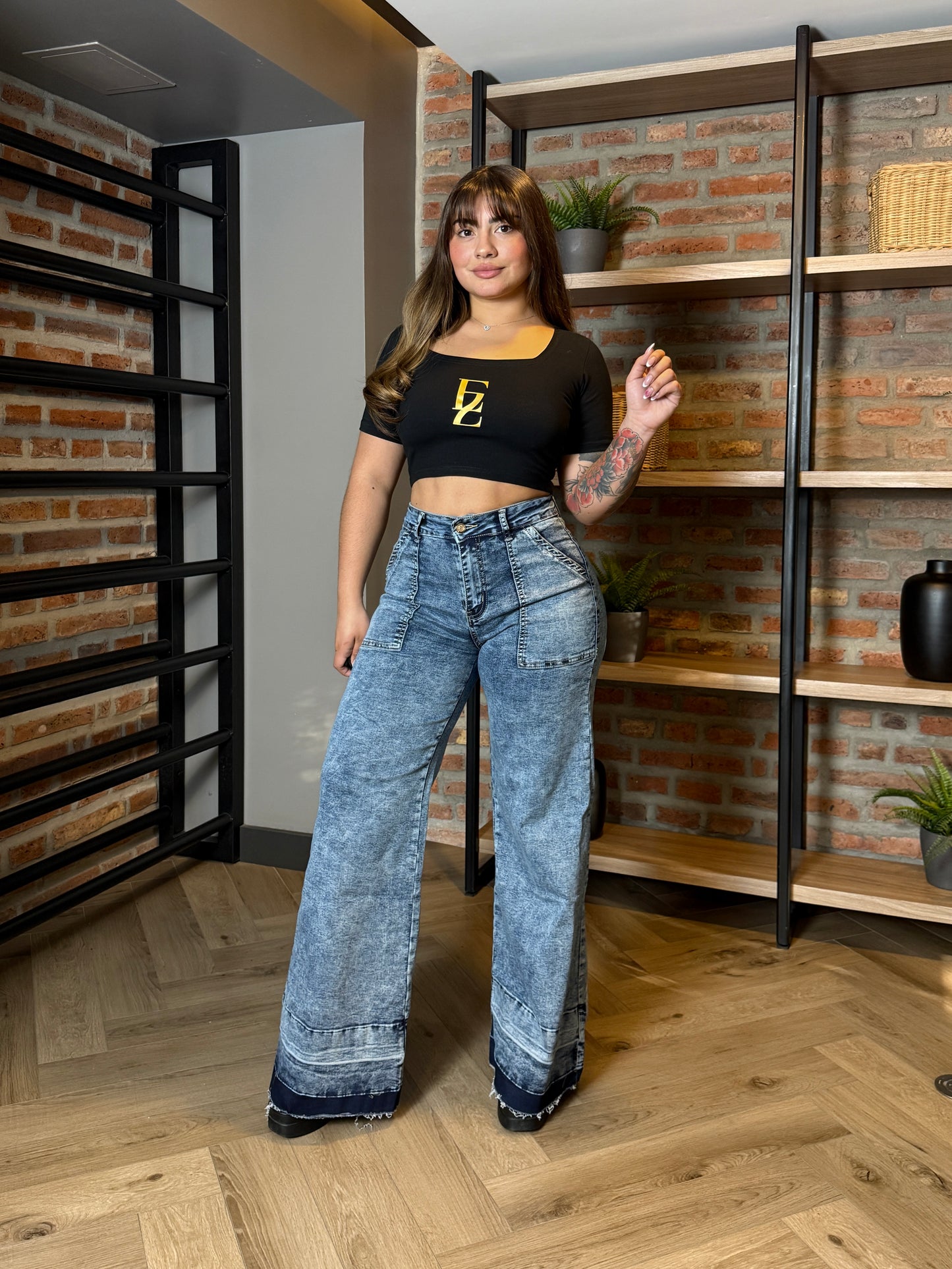 MB7044 (F3) | Jeans Palazzo Azul Jaspeado | Menina | Venta Por Mayor