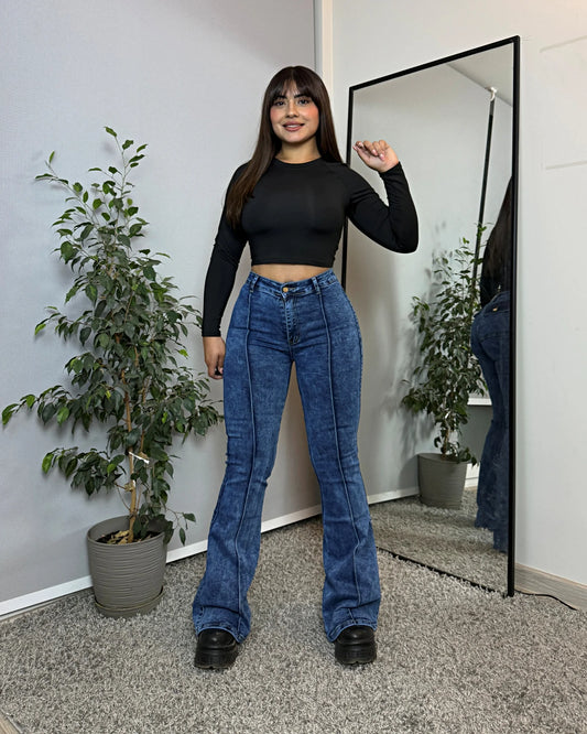 MB7075-1 (C6) | Flare Lineal Azul Jaspeado Bolsillo Trasero Con Tapa | Menina | Venta Por Mayor