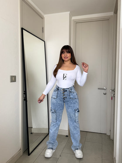 N0506-2 (U2) | Jeans Cargo Celeste Jaspeado 5 Botones  | Menina | Venta Por Mayor