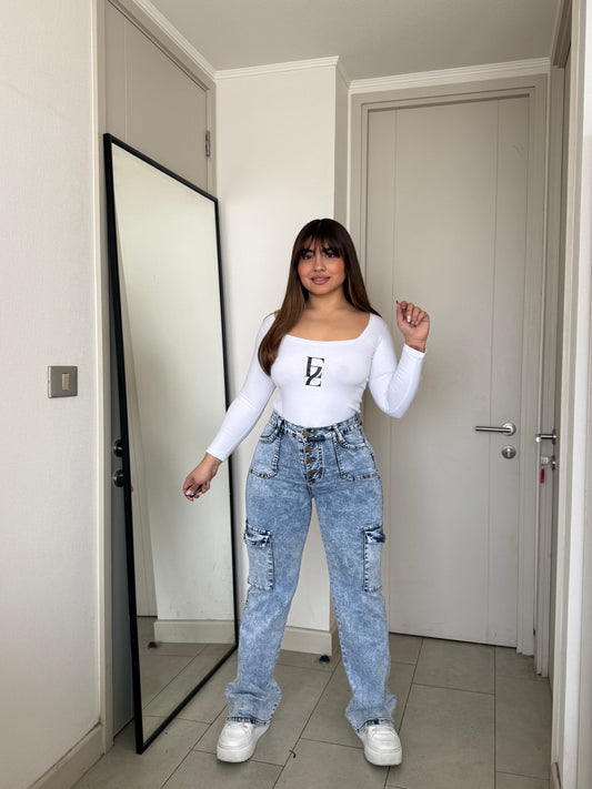 N0506-2 (U2) | Jeans Cargo Celeste Jaspeado 5 Botones  | Menina | Venta Por Mayor