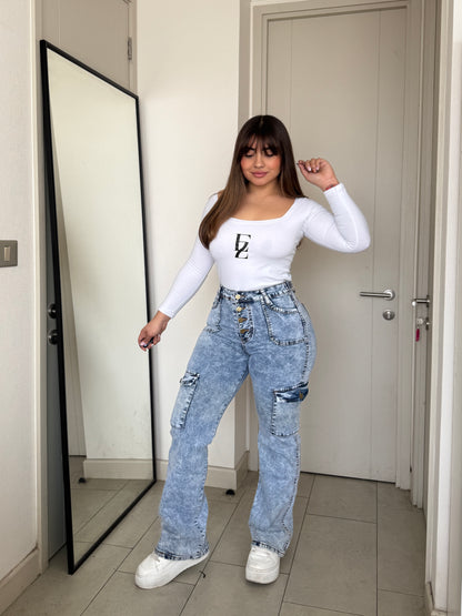 N0506-2 (U2) | Jeans Cargo Celeste Jaspeado 5 Botones  | Menina | Venta Por Mayor