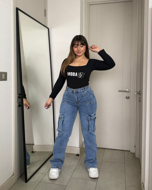 N0507-3 (U4) | Jeans Cargo Auzul Tapa Ajustable  | Menina | Venta Por Mayor