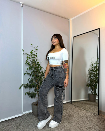 N1103-3 (N2) | Cargo Gris Jaspeado Bolsillos Con TIras| Menina | Venta Por Mayor