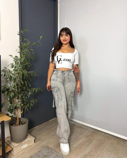 N1103-4 (M6) | Cargo Gris Cintura Ajustable Bolsillos Con Tiras | Menina | Venta Por Mayor