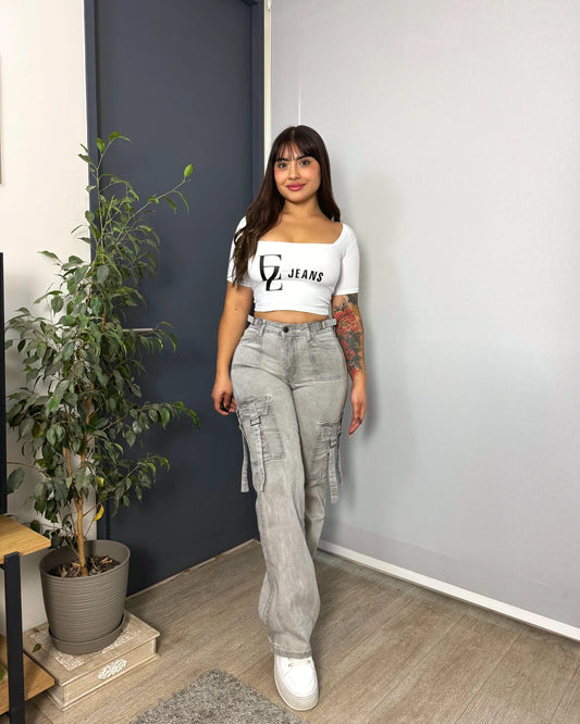 N1103-4 (M7) | Cargo Gris Cintura Ajustable Bolsillos Con Tiras | Menina | Venta Por Mayor