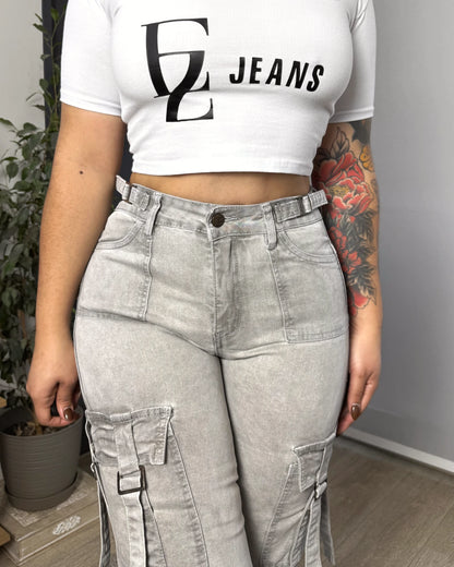 N1103-4 (M6) | Cargo Gris Cintura Ajustable Bolsillos Con Tiras | Menina | Venta Por Mayor