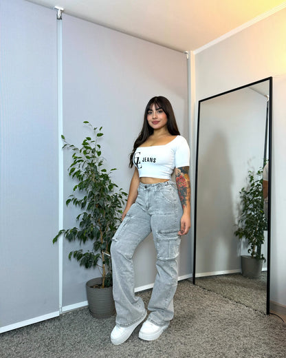 N1104-4 (H4) | Cargo Gris Claro Ajuste Cintura Bolsillo Tapa | Menina | Venta Por Mayor