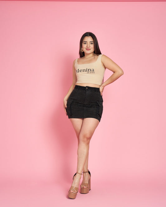 N670-5 (R7) | Falda Short Full Brillos Negra  | Menina | Venta Por Mayor