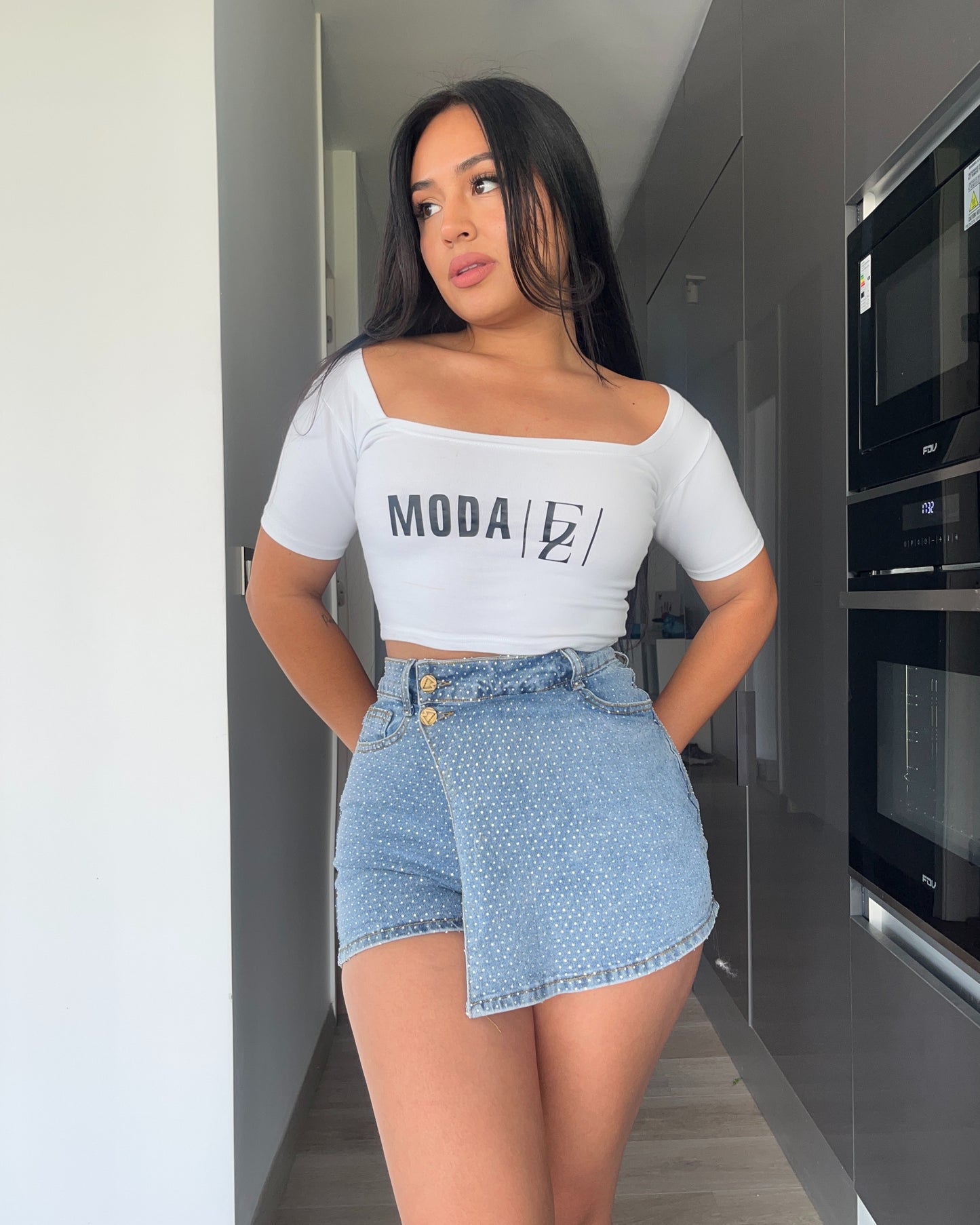 N671-2 (S3) | Falda Con Short Atras Full Brillos Cruzada Celeste  | Menina | Venta Por Mayor